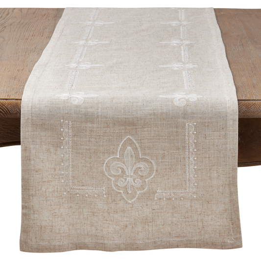 1681 - Natural Embroidered Fleur-De-Lis 16"x72" Table Runner