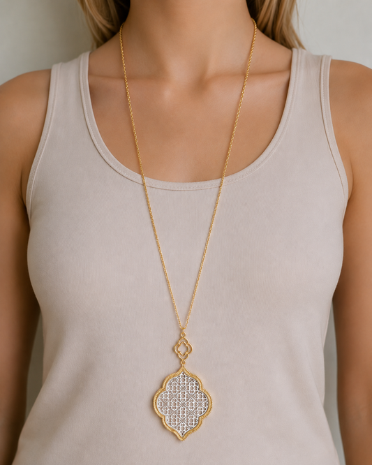 Gold and Silver Cut-off Filigree Quatrefoil Pendant Necklace