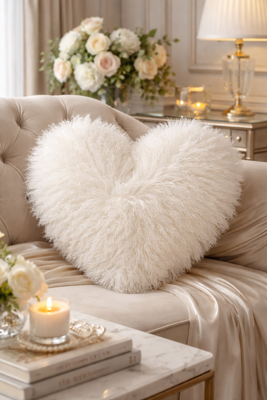 2151 - Ivory Mongolian Lamb Fur 16"x18" Filled Heart Pillow