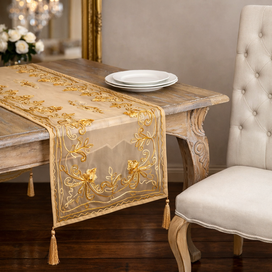 Chenille Embroidered & Tasseled 16"X72" Table Runner