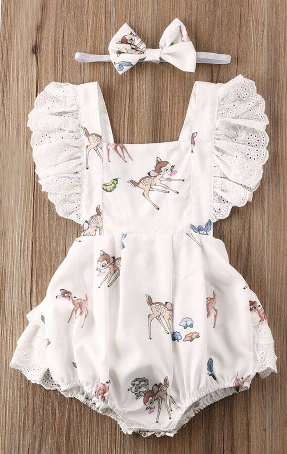 White Reindeer Lace Ruffle Baby Romper & Headband