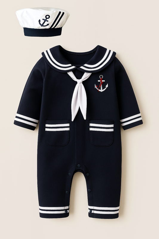 Navy Sailor Long-Sleeve Cotton Baby Romper & Hat
