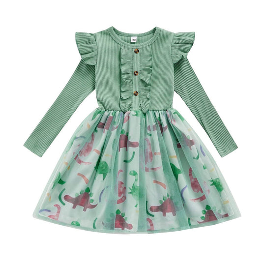 Sage Green Ruffle Dino Print Little Girl Dress