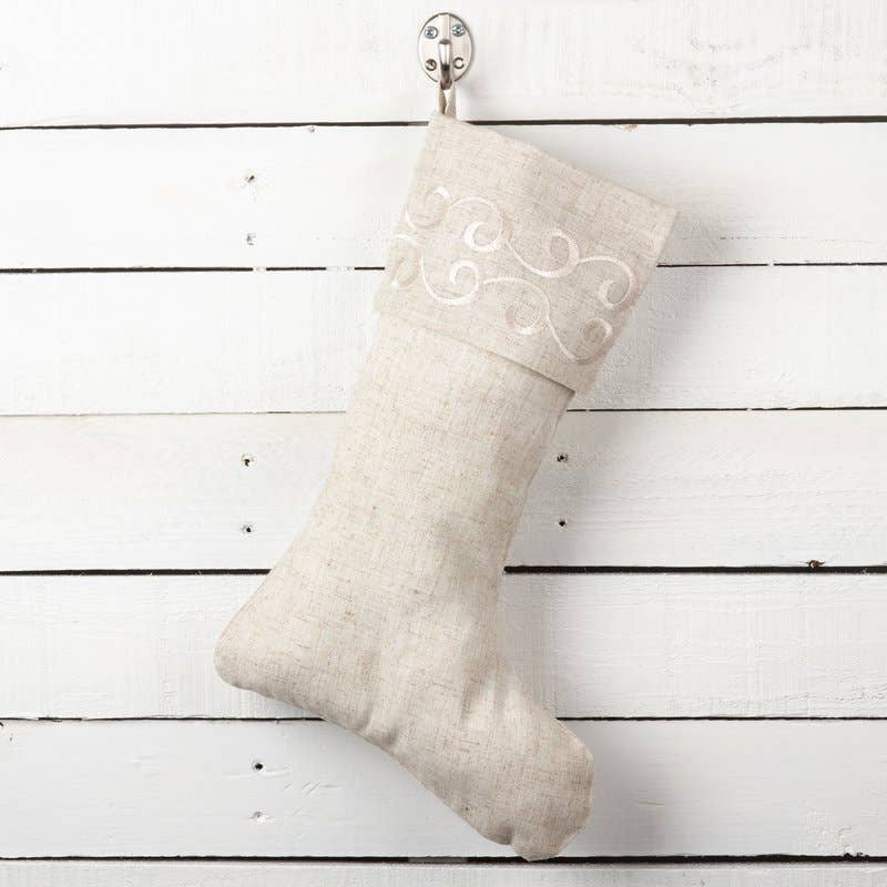 493 - Natural Embroidered Design Linen-Poly Christmas Stocking