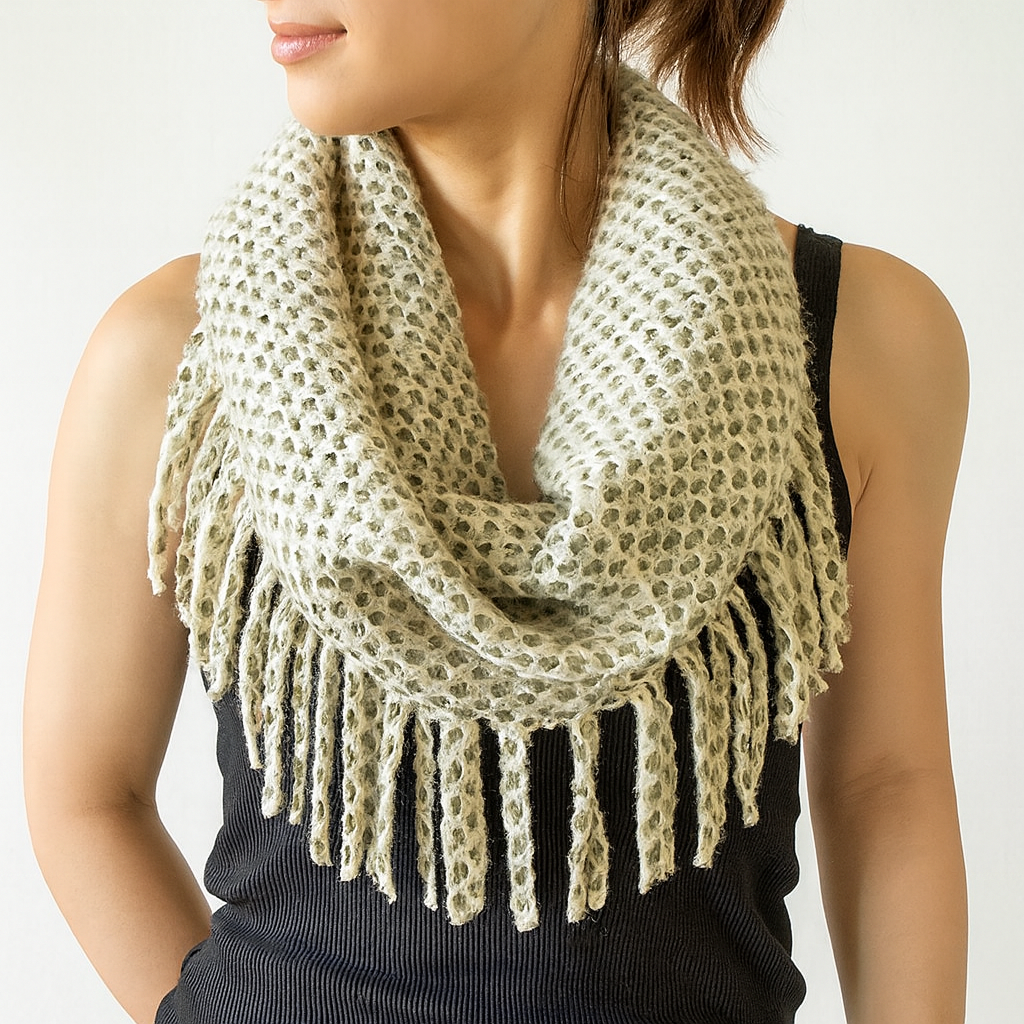 Beige Color Tube-Style Scarf with Fringe