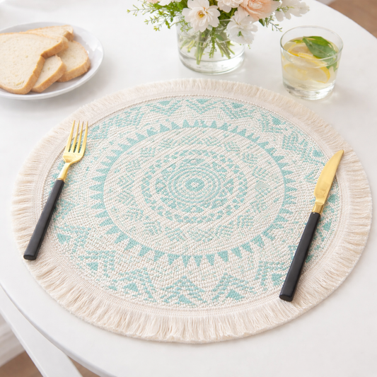Green Boho Mandala Fringe Cotton 13" Placemat