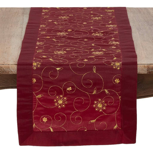 XJ511 - Gold Embroidery & Sequin Burgundy Holiday Table Runner
