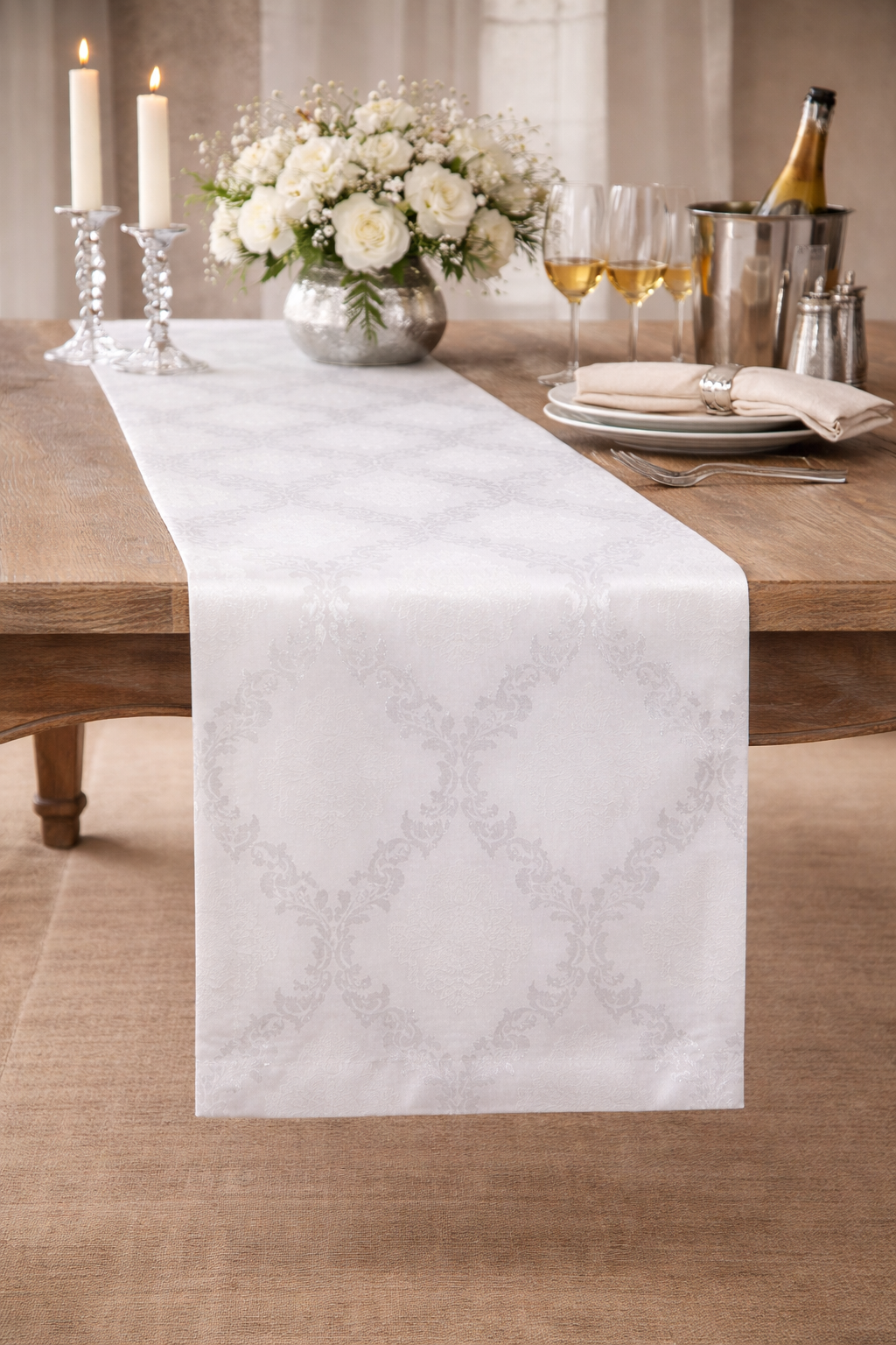White Damask Cotton Blend Table Runner
