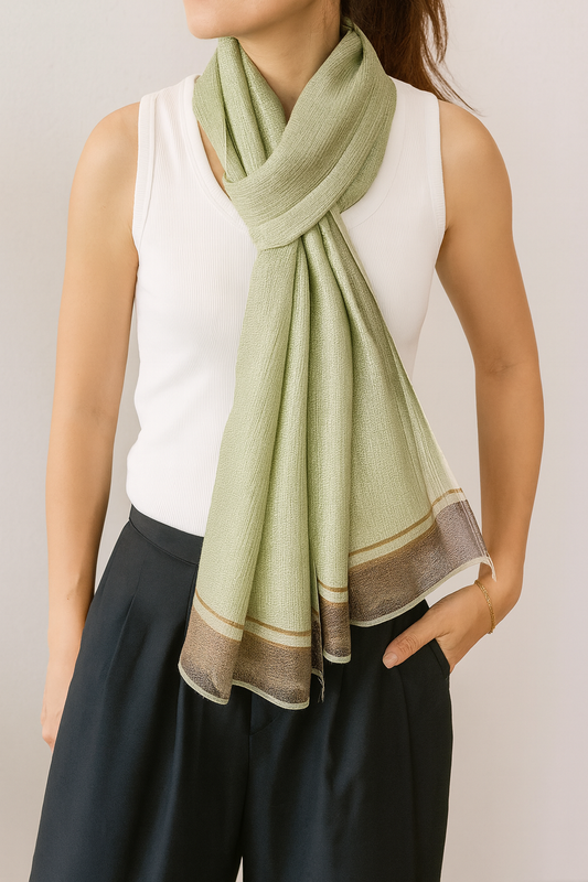 Lime Shimmering Striped Silk Blend Wrap Scarf