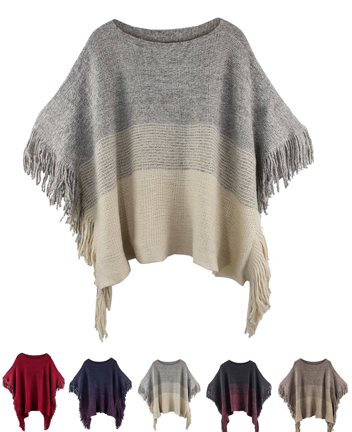 Knit Two-Tone Batwing Fringe Poncho Sweater
