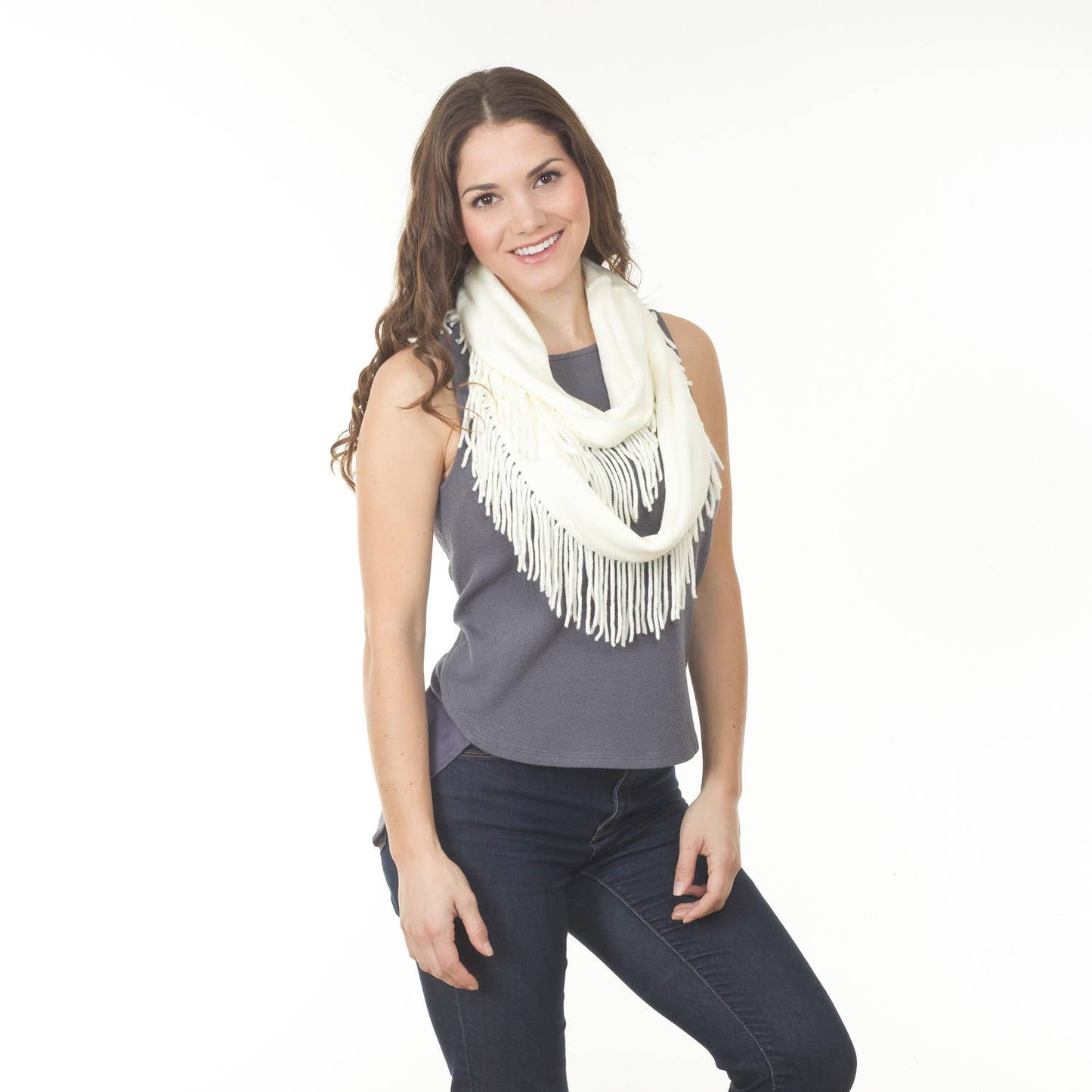 Ivory Knit Fringe Infinity Scarf