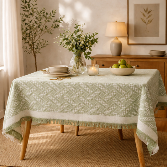 Green Modern Textured Fringed Tablecloth