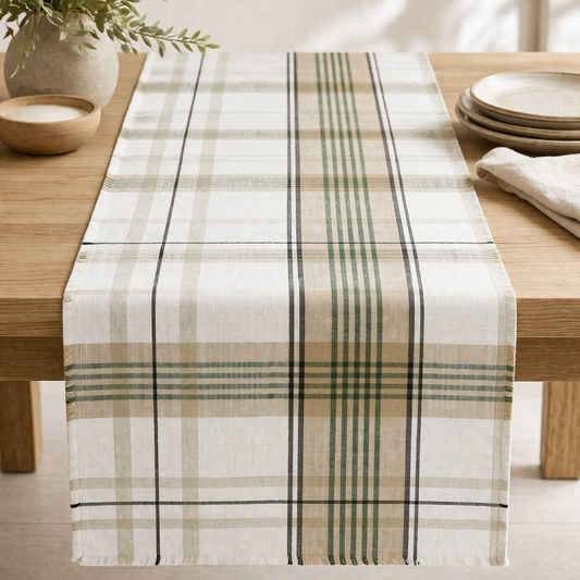 Beige and Green Plaid Rustic Cotton Table Runner - 14"x72"