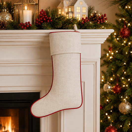 Red Piping Linen Blend Christmas Stocking