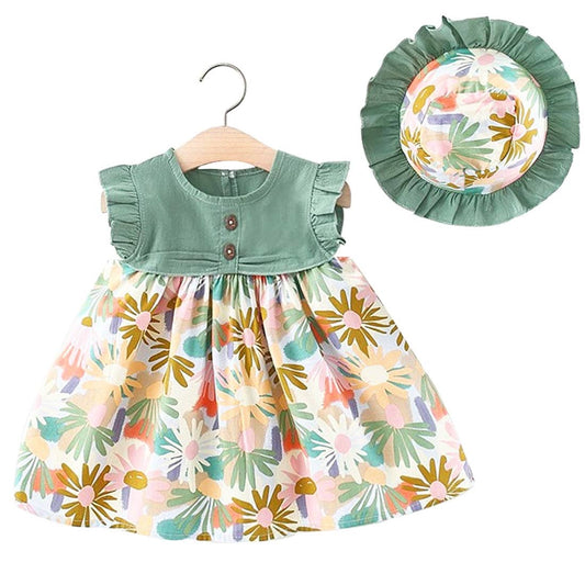 Green Multi Flower Ruffled Baby Dress & Hat