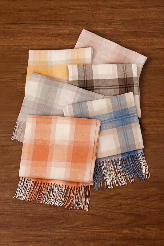 Classic Plaid Cashmere Wrap Scarf with Fringe