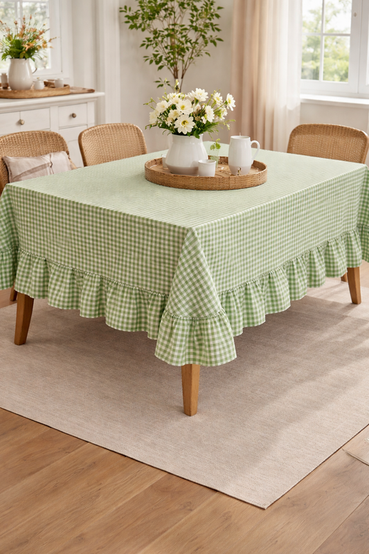 Green Gingham Check Tablecloth with Ruffled Edge