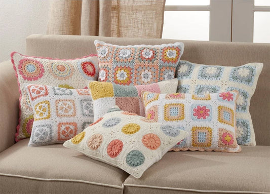 Hand Crocheted Pastel Tiles Cotton Lumbar Throw Pillow