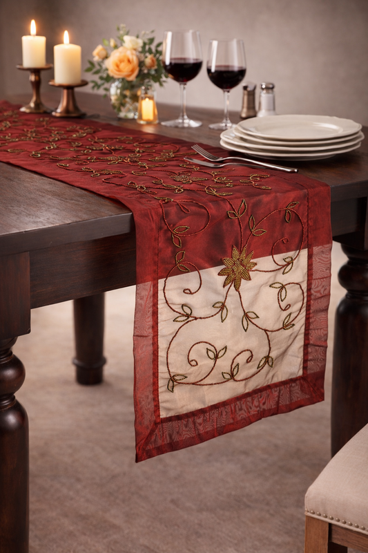 Burgundy Beaded Flower Table Runner