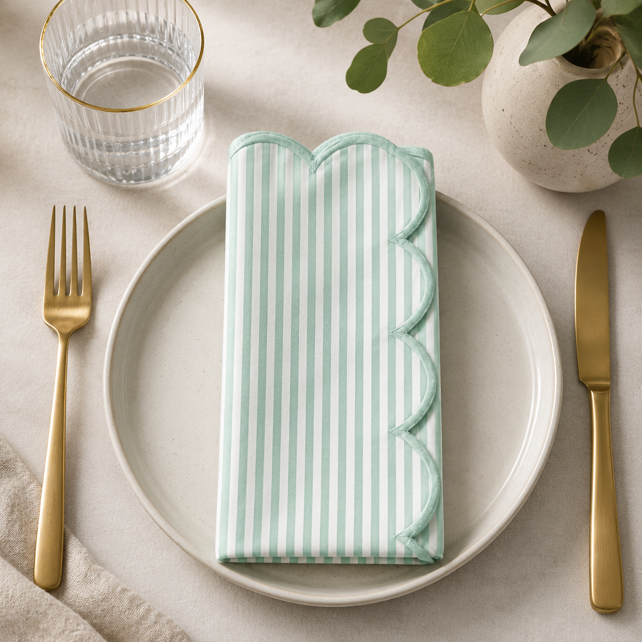 Sage and White Scalloped Striped 20" Cloth Napkin