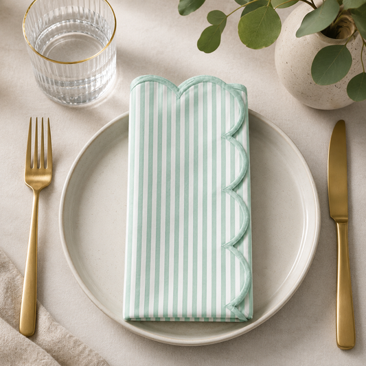 Sage and White Scalloped Striped 20" Cloth Napkin