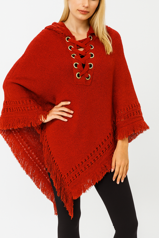 Red Fringed Lace Up Hooded Pullover Poncho