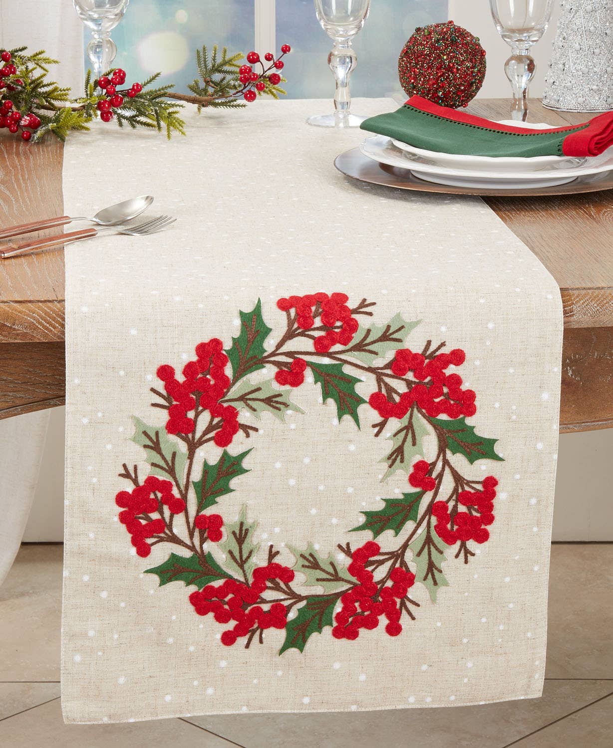 5860 - Holly Berry Wreath Natural 16x70 Table Runner