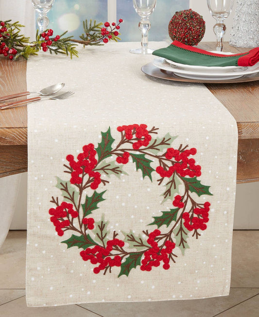 5860 - Holly Berry Wreath Natural 16x70 Table Runner
