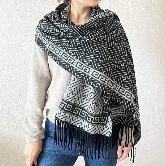 Black-Grey Geo Maze Print Reversible Cashmere Wrap Scarf