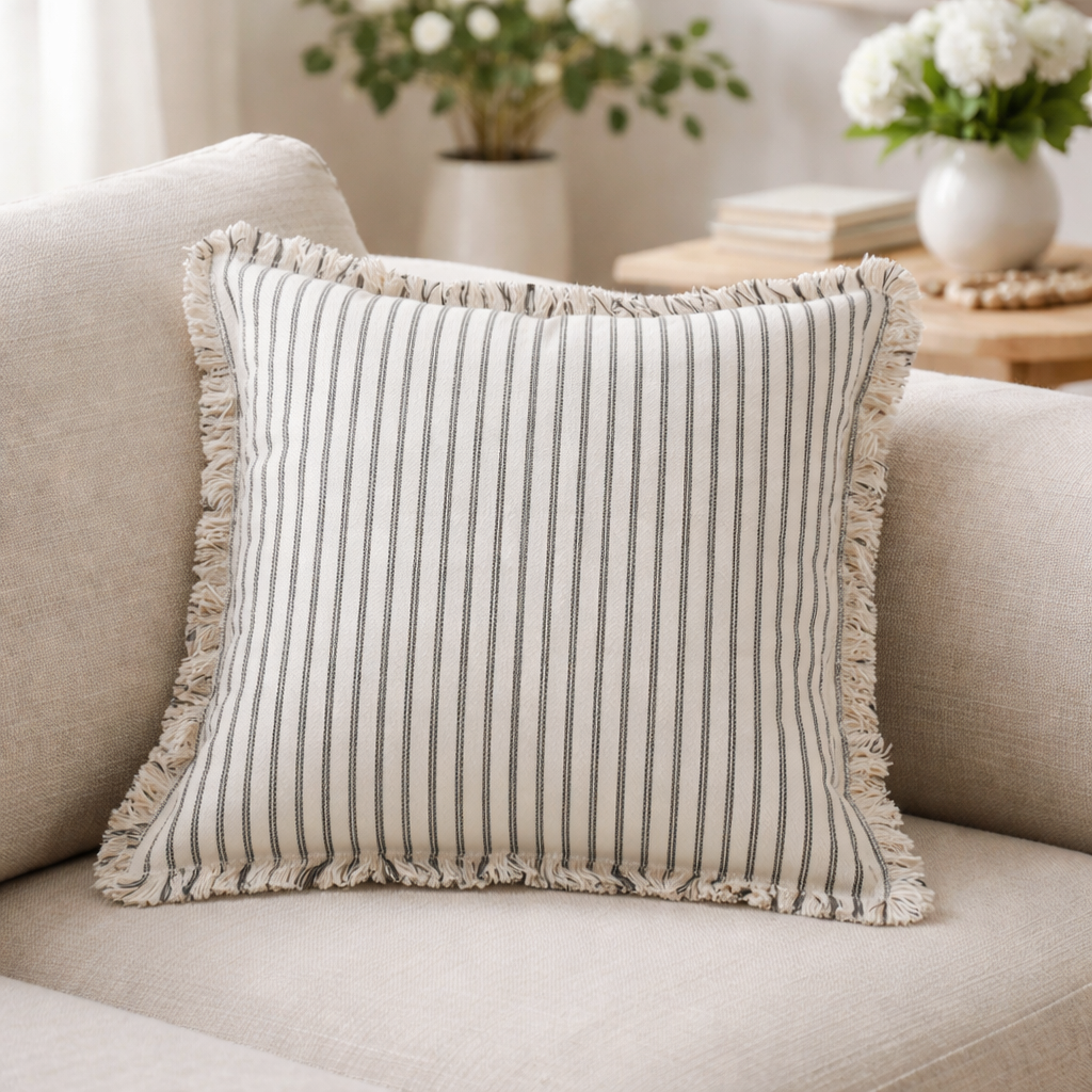Black Coastal Striped Cotton Blend 18" Throw Pillow