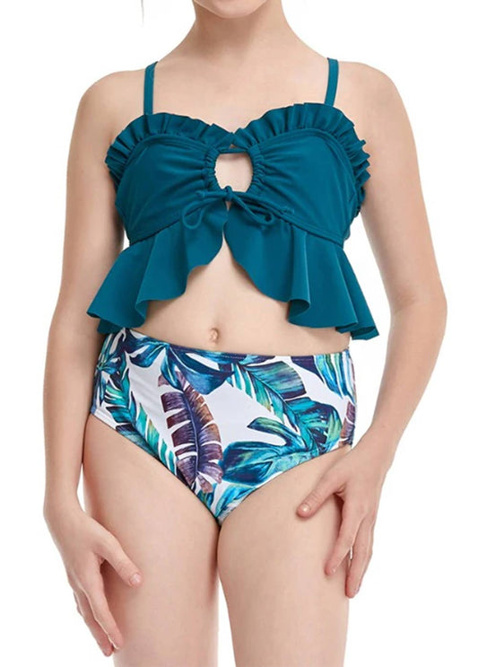 Green Ruffle Tropical 2pcs Girl Bikini Set