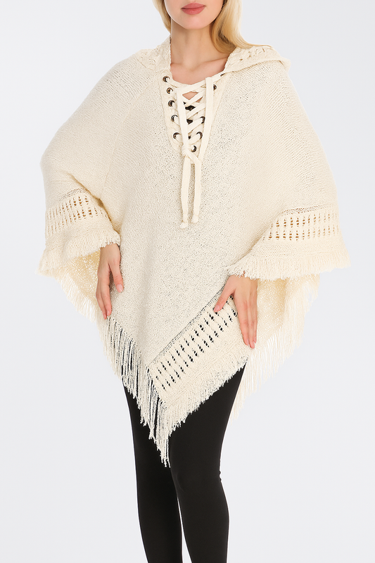 Ivory Fringed Lace Up Hooded Pullover Poncho