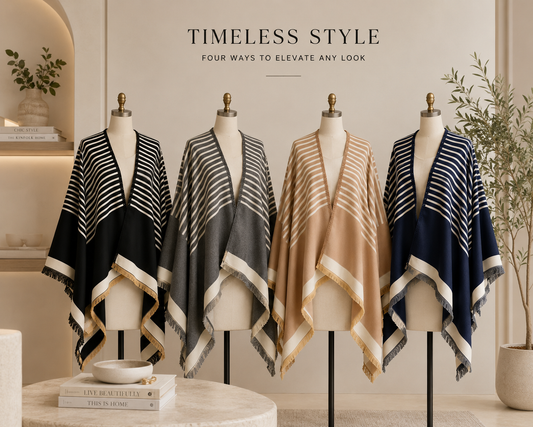 Cashmere-Feel Striped Shawl Wrap Poncho