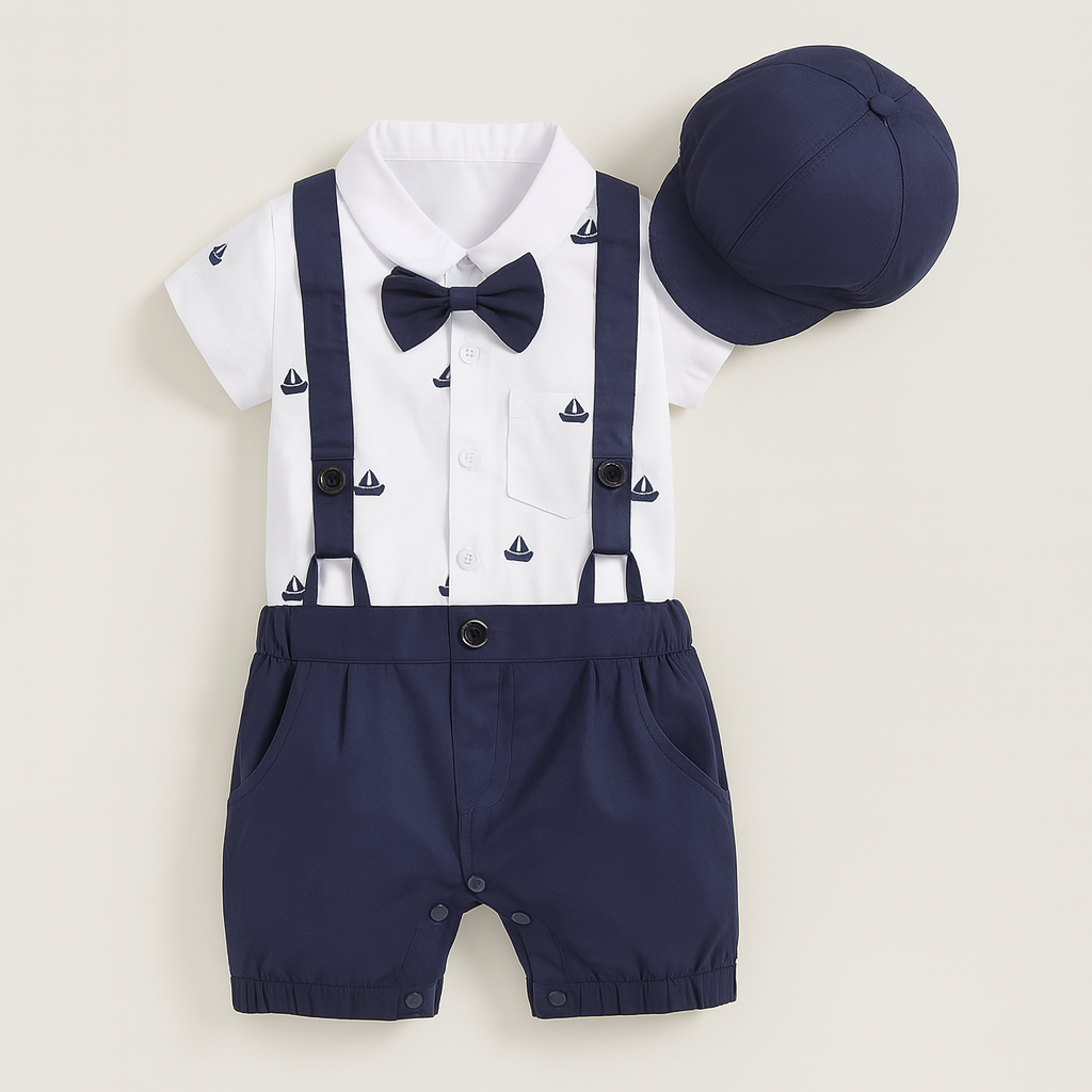 Sailor Boat Tuxedo Cotton Baby Romper & Hat