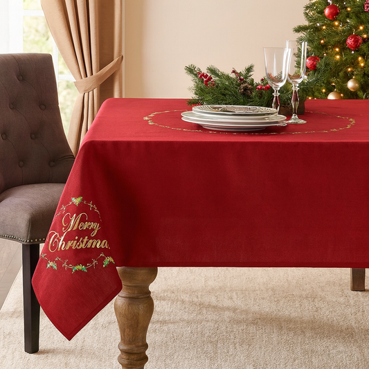 0141 - Embroidered Merry Christmas Red 54" Square Tablecloth