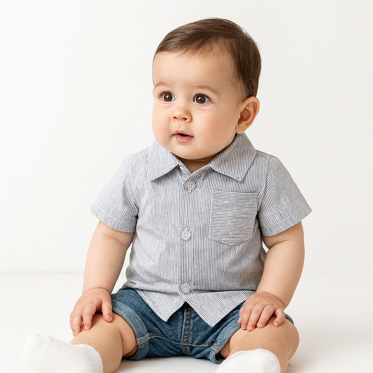 Grey Stripe Boy Cotton Button-Down Short-Sleeve Dress Shirt