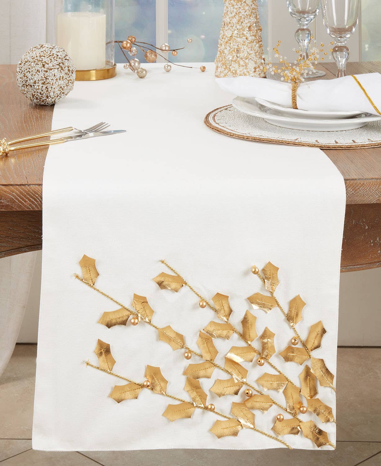 2081 - Gold 3D Poinsettia Branch Cotton 16x72 Table Runner