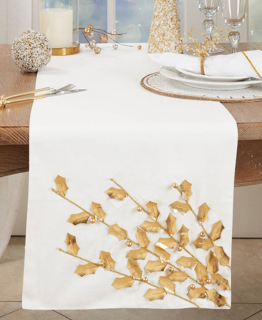 2081 - Gold 3D Poinsettia Branch Cotton 16x72 Table Runner