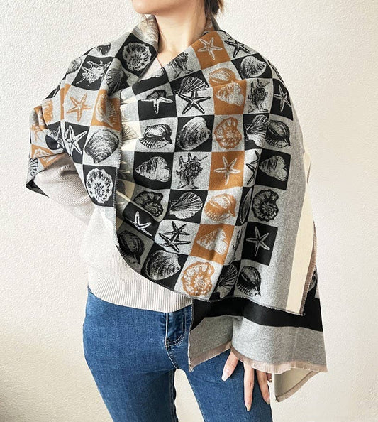 Grey Seashell & Starfish Cashmere Wrap Scarf with Fringe