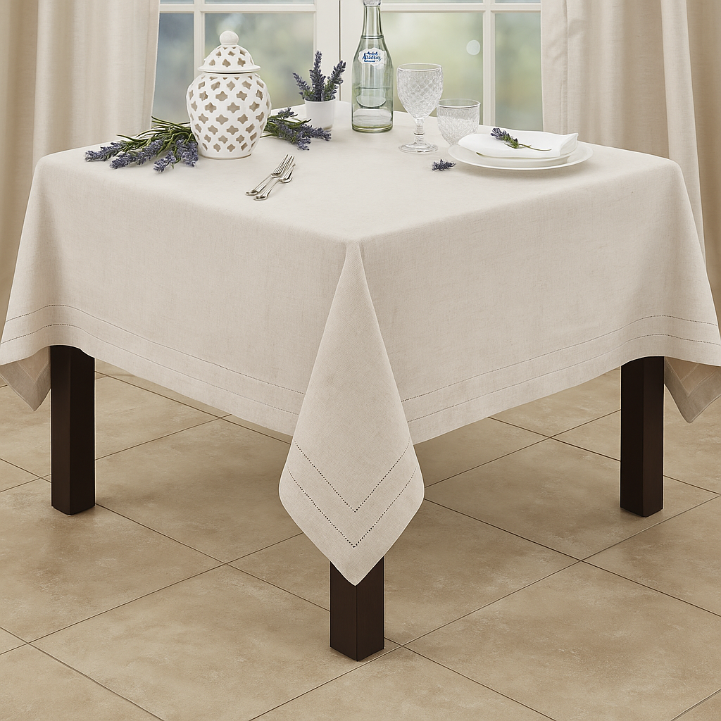8648 - Beige Embroidered Swiss Dot Hemstitch Linen Blend Tablecloth