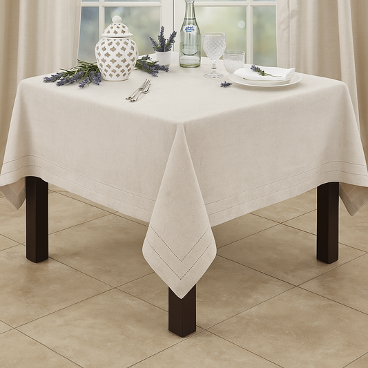 8648 - Beige Embroidered Swiss Dot Hemstitch Linen Blend Tablecloth