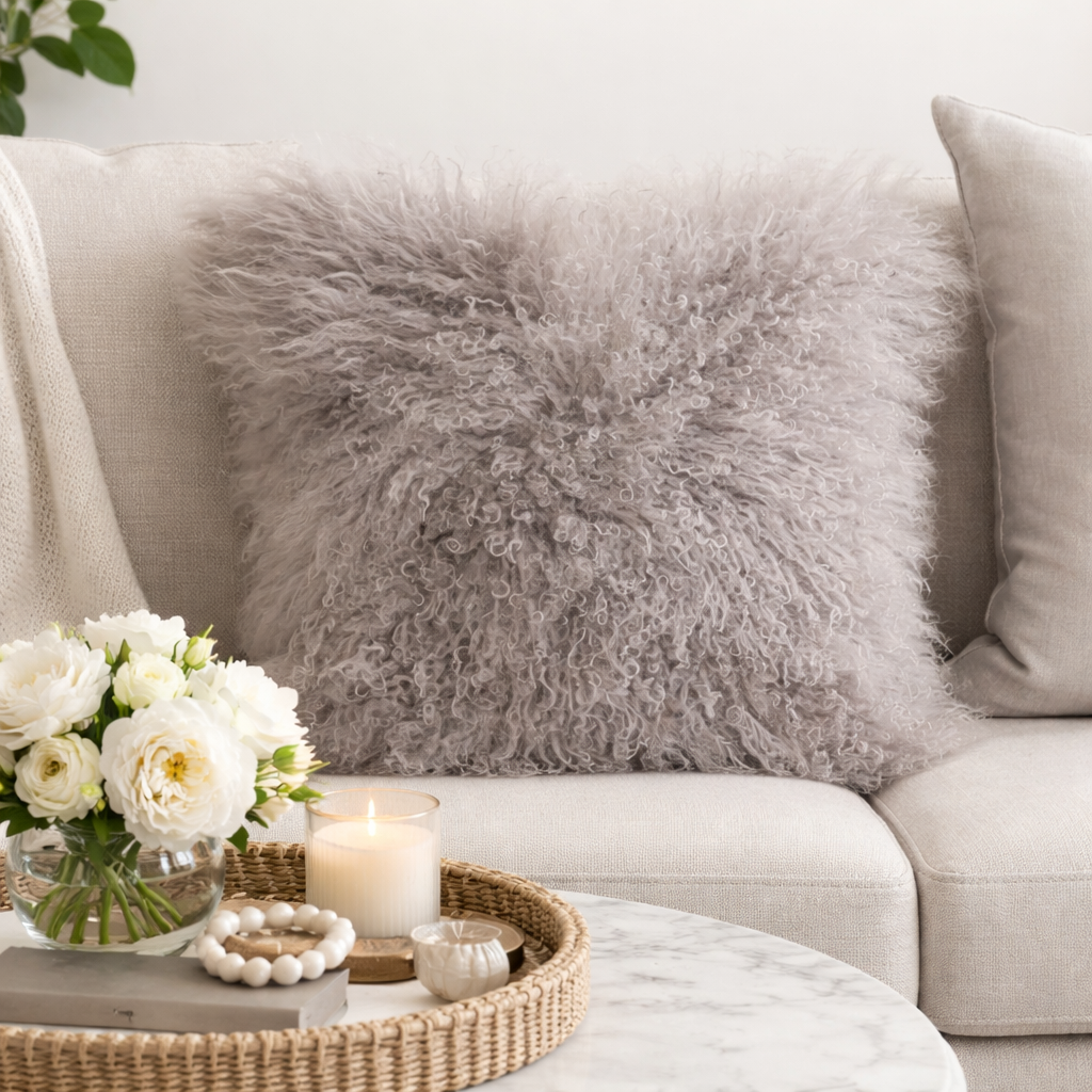 3564 - 20" Fog Gray Mongolian Lamb Fur Throw Pillow