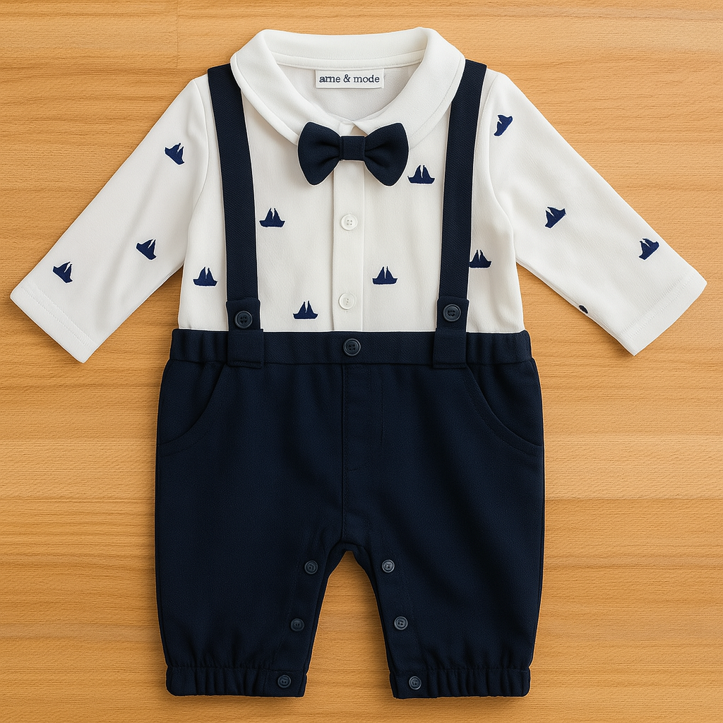 Navy White Sailor Print 3D Bowtie Baby Romper