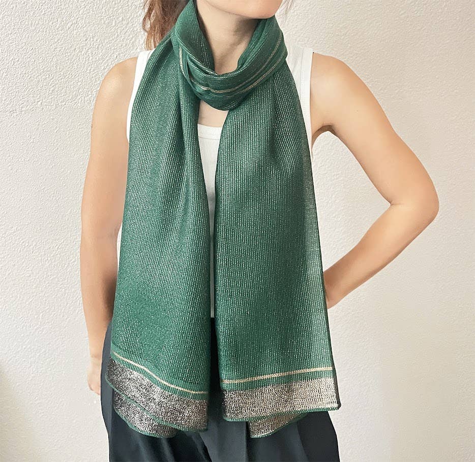Green Shimmering Striped Silk Blend Wrap Scarf