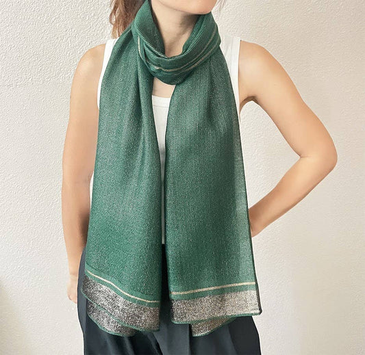 Green Shimmering Striped Silk Blend Wrap Scarf