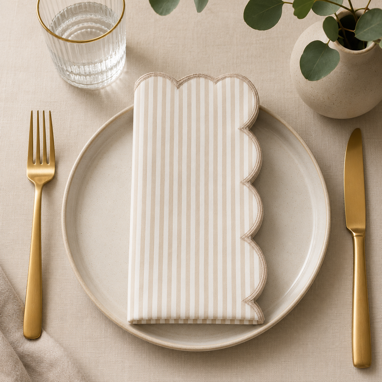 Natural and White Scalloped Striped 20" Cloth Napkin