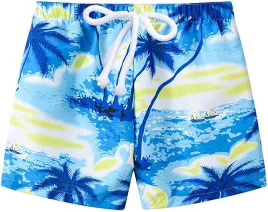 Blue Tropical Palm Tree Print Toddler Boy Swim Shorts