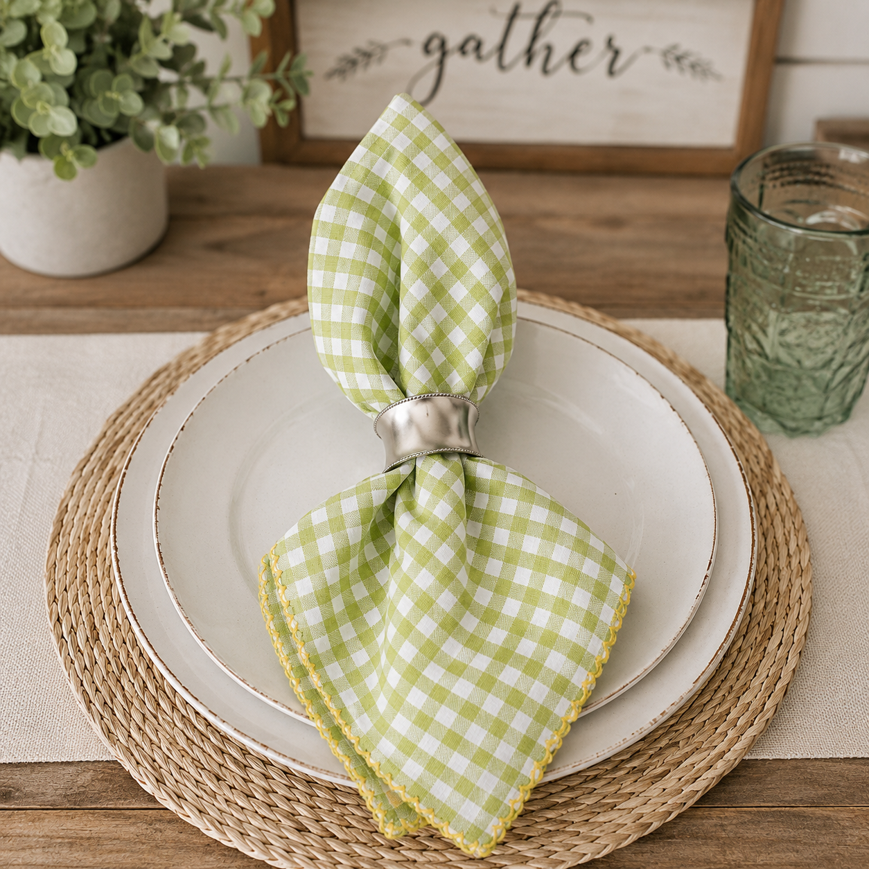 Sage Gingham 20" Cotton Napkin with Scalloped Trim