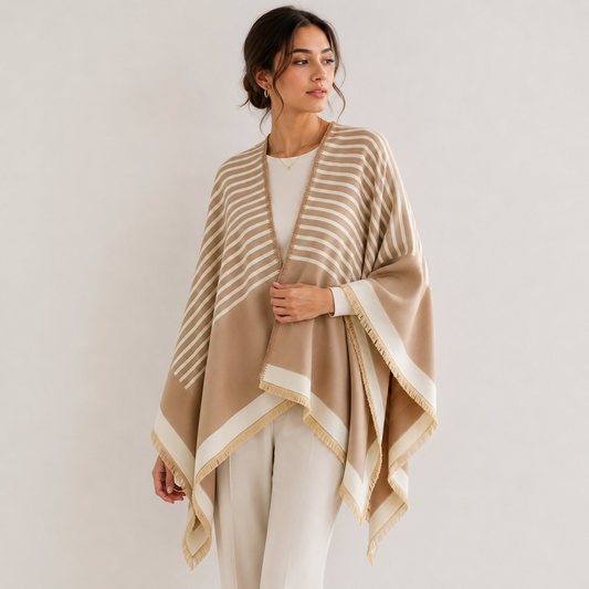 Beige & Ivory Cashmere-Feel Striped Shawl Wrap Poncho