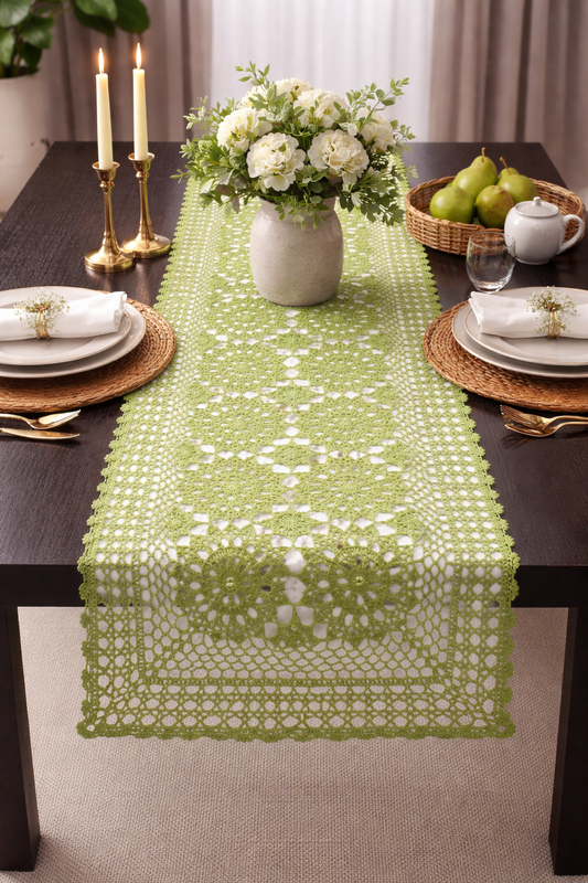 Green Hand Crocheted Mandala Cotton Table Runner
